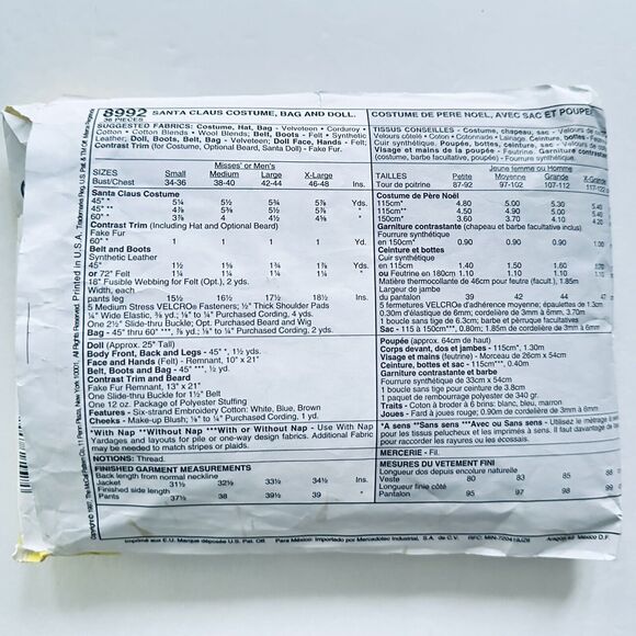 Santa Costume Sewing Pattern 8992 Santa Doll Sewing Pattern Sz XL 46-48 - Picture 2 of 2